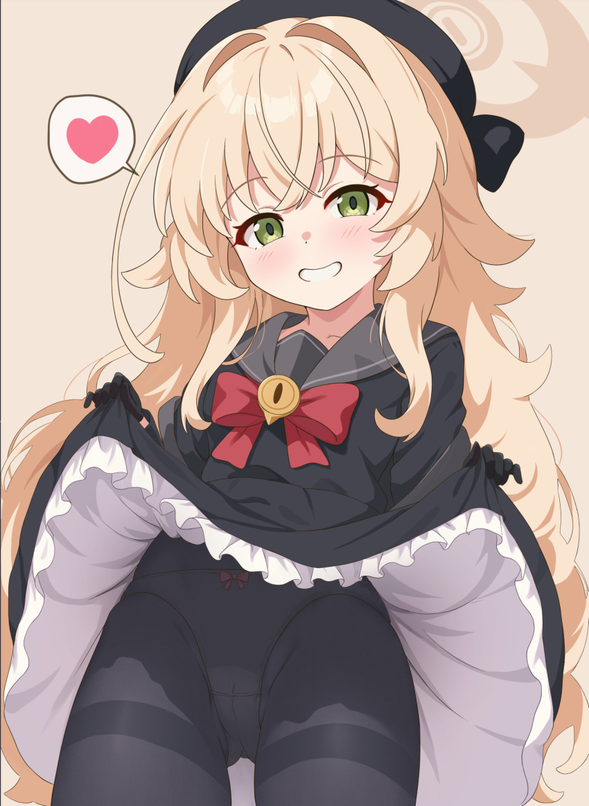 1girl, beret, black_hat, black_pantyhose, blonde_hair, blue_archive, blush, bow, bow_panties, breasts, green_eyes, halo, hat, highres, itaba_atsushi, loli, long_hair, looking_at_viewer, open_mouth, panties, panties_under_pantyhose, pantyhose, professor_niyaniya_(blue_archive), red_ribbon, ribbon, simple_background, small_breasts, solo, standing, thighband_pantyhose, underwear, yellow_halo