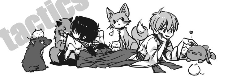 3boys, 3girls, aged_down, blush, copyright_name, creature, fox, full_body, greyscale, hakama, haruka_(tactics), heart, hoshi_(tactics), ichinomiya_kantarou, japanese_clothes, kitsune, kosode, lifting_animal, lying, monochrome, multiple_boys, multiple_girls, muu-chan, on_stomach, puff_of_air, raijuu, sitting, sitting_on_person, tactics, tengu, traditional_youkai, tsuki_(tactics), whiskers, wings, youko_(tactics), yuki_(hello_idiot)