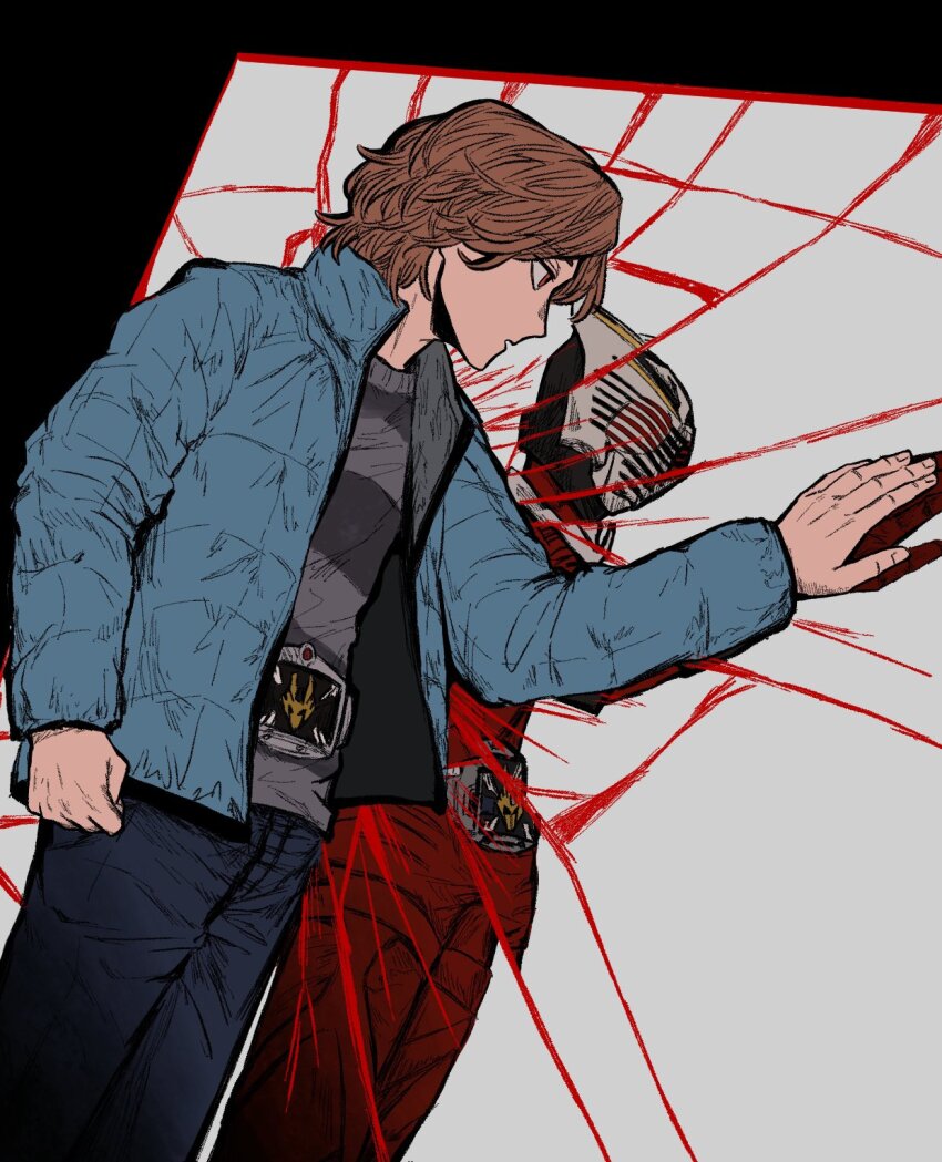armor, belt, blue_jacket, bodysuit, brown_hair, card_deck_(ryuki), gloves, highres, jacket, kamen_rider, kamen_rider_ryuki, kamen_rider_ryuki_(series), kido_shinji, long_hair, male_focus, mirror, open_mouth, red_eyes, rider_belt, shirt, simple_background, standing, tagme, tantotete904, tokusatsu, v_buckle