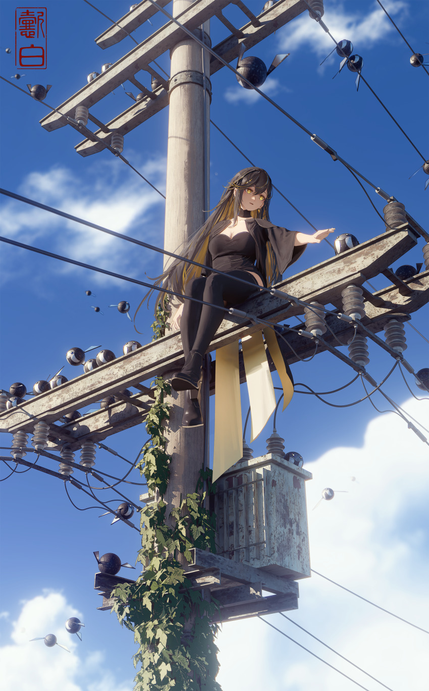 1girl, absurdres, black_choker, black_dress, black_hair, black_jacket, black_shirt, black_shoes