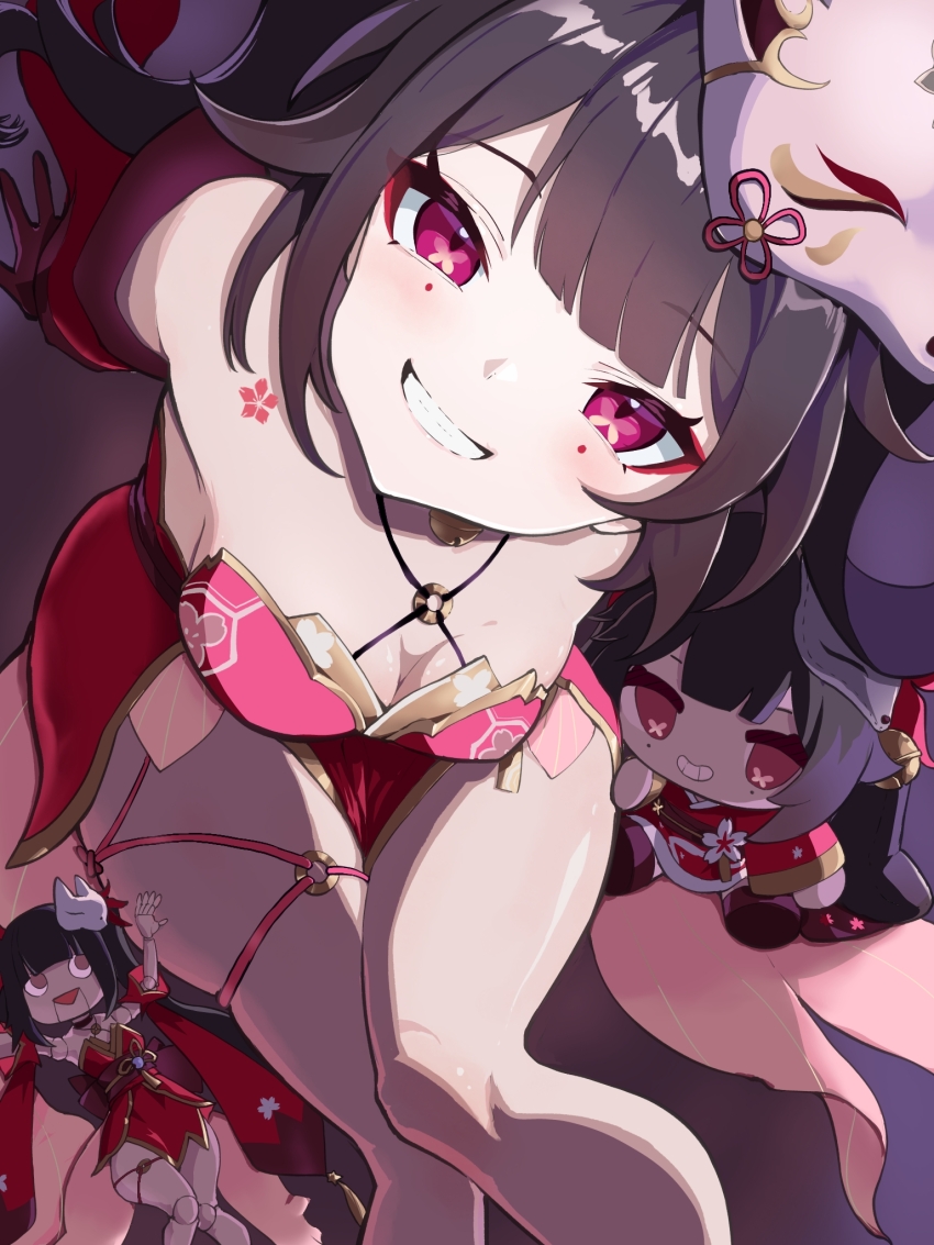 1girl, bare_shoulders, black_hair, blush, breasts, brown_hair, bug, butterfly