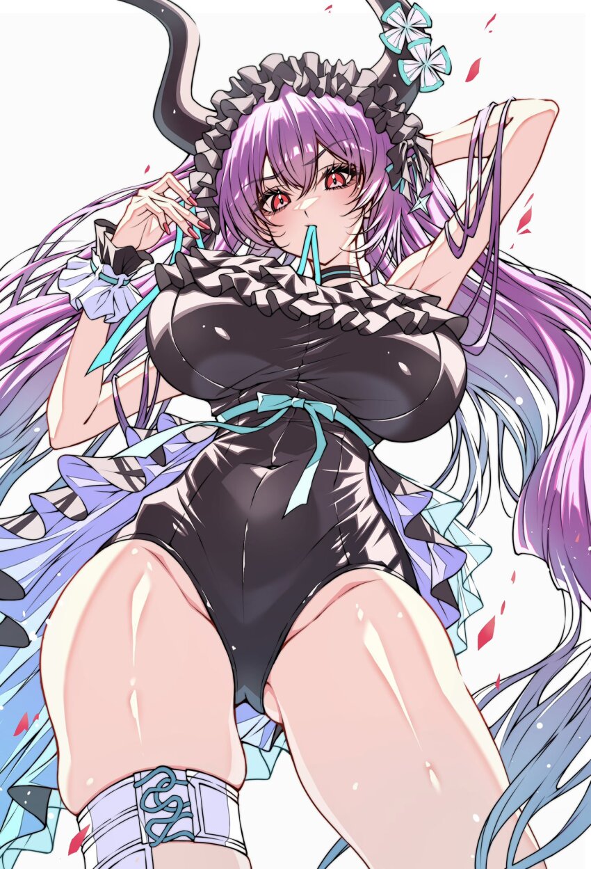 1girl, arknights, black_choker, black_hairband, black_horns, black_one-piece_swimsuit, blue_hair, blue_ribbon, blush, breasts, choker, closed_mouth, commentary, covered_navel, eyelashes, fake_horns, feet_out_of_frame, flower, frilled_hairband, frilled_one-piece_swimsuit, frilled_wrist_cuffs, frills, from_below, furrowed_brow, gluteal_fold, gradient_hair, hairband, highres, horn_flower, horns, large_breasts, long_hair, looking_at_viewer, mouth_hold, multicolored_hair, nail_polish, official_alternate_costume, one-piece_swimsuit, purple_hair, red_eyes, red_nails, ribbon, ribbon_in_mouth, shokikanes, simple_background, skindentation, solo, standing, swimsuit, thigh_strap, typhon_(arknights), typhon_(temperature_difference)_(arknights), very_long_hair, white_background, wrist_cuffs