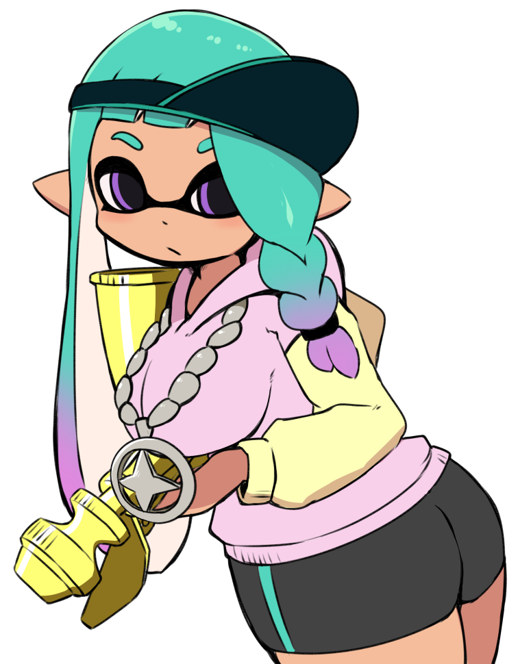 1girl, aerospray_(splatoon), ass, bike_shorts, black_bike_shorts, black_hat, braid, breasts