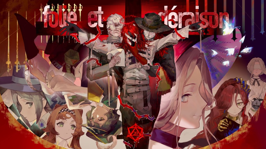 3boys, 6+girls, absurdres, aleph_(reverse:1999), bandaged_hand, bandages, behind_another, black_boots