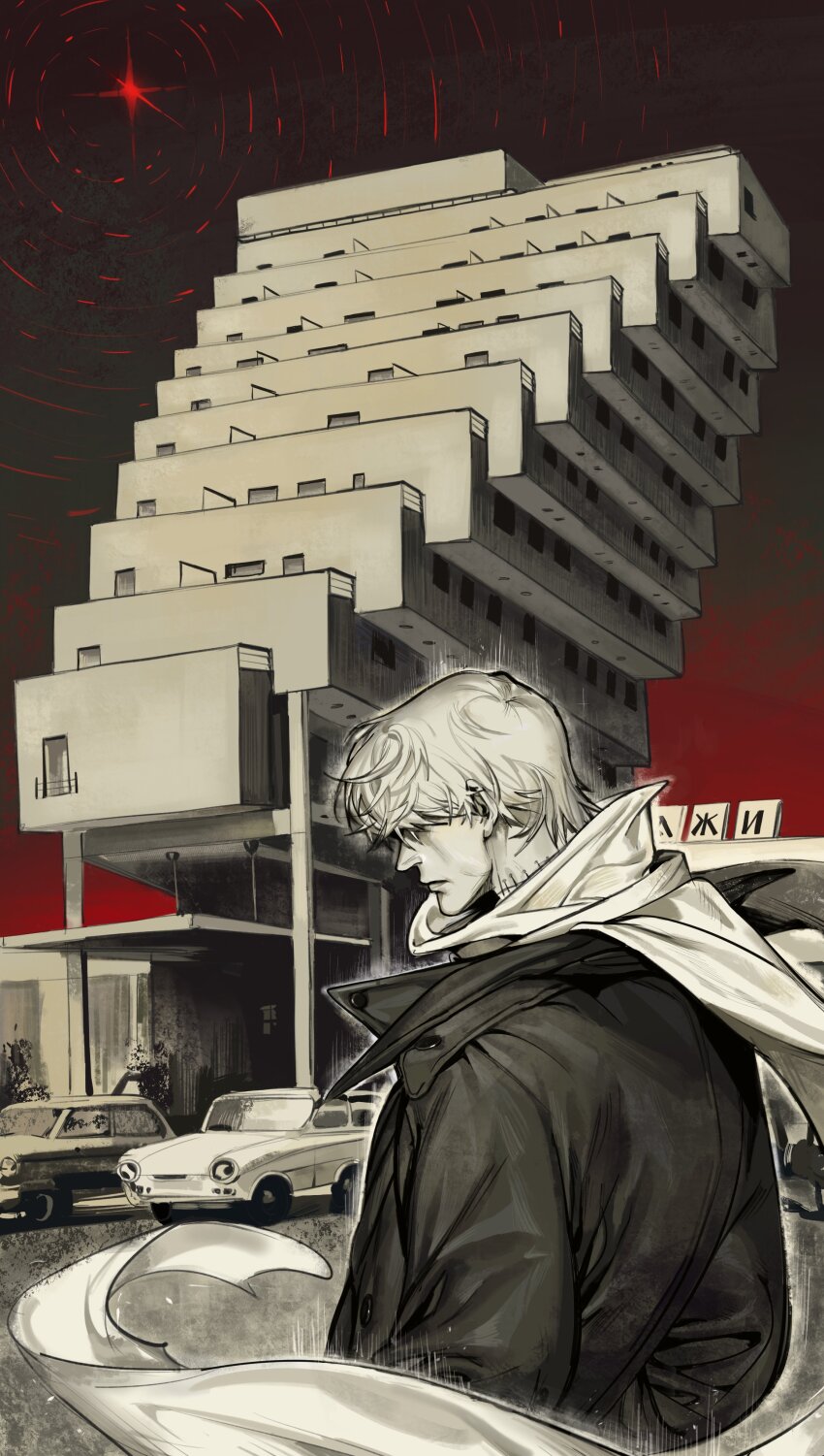 1boy, absurdres, axis_powers_hetalia, building, buttons, car, closed_mouth, coat, etazhi_(molchat_doma), evening, floating_clothes, gradient_sky, greyscale, hair_over_eyes, highres, huijin_lu, lips, long_sleeves, male_focus, monochrome, motor_vehicle, ophirusia, outdoors, red_sky, road, russia_(hetalia), scar, scar_on_neck, scarf, short_hair, sky, solo, star_(sky), upper_body, window