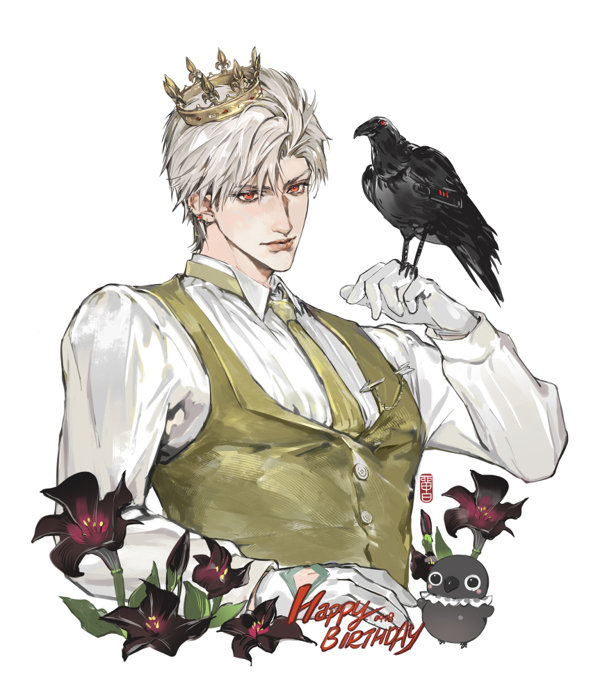 1boy, bird, black_bird, buttons, closed_mouth, clothing_cutout, collared_shirt, crow