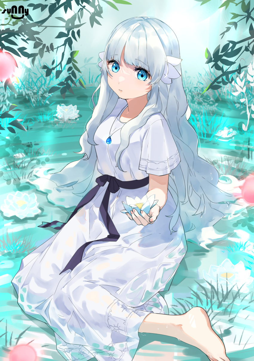 1girl, absurdres, black_bow, blue_eyes, bow, crystal, dongbu, dress