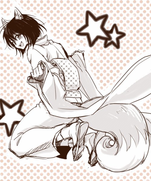 1girl, :d, animal_ears, blush, bob_cut, fox_ears, fox_girl, fox_tail