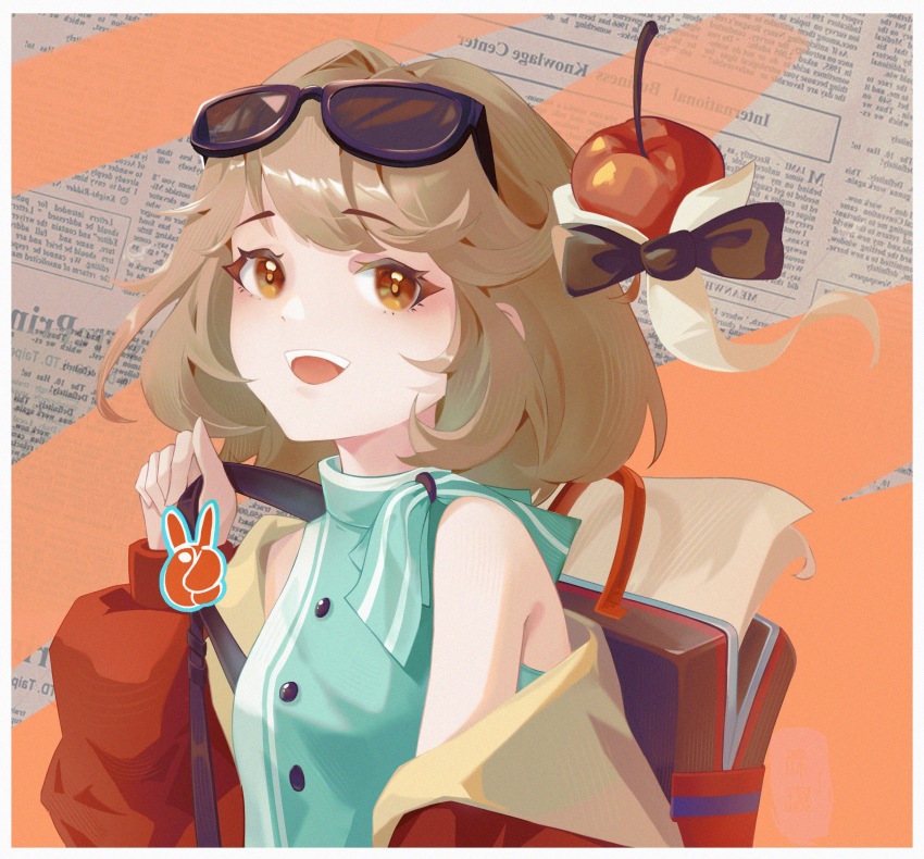 1girl, :d, absurdres, apple, apple_(reverse:1999), aqua_dress, backpack, bag, bare_shoulders, black_bow, black_bowtie, border, bow, bowtie, brown_hair, da_ge_penqi, dress, eyewear_on_head, food, fruit, hand_up, highres, holding_strap, jacket, open_bag, open_mouth, orange_background, orange_eyes, paper, red_jacket, regulus_(reverse:1999), reverse:1999, short_hair, single_off_shoulder, sleeveless, sleeveless_dress, smile, solo, sunglasses, traditional_bowtie, upper_body, white_border