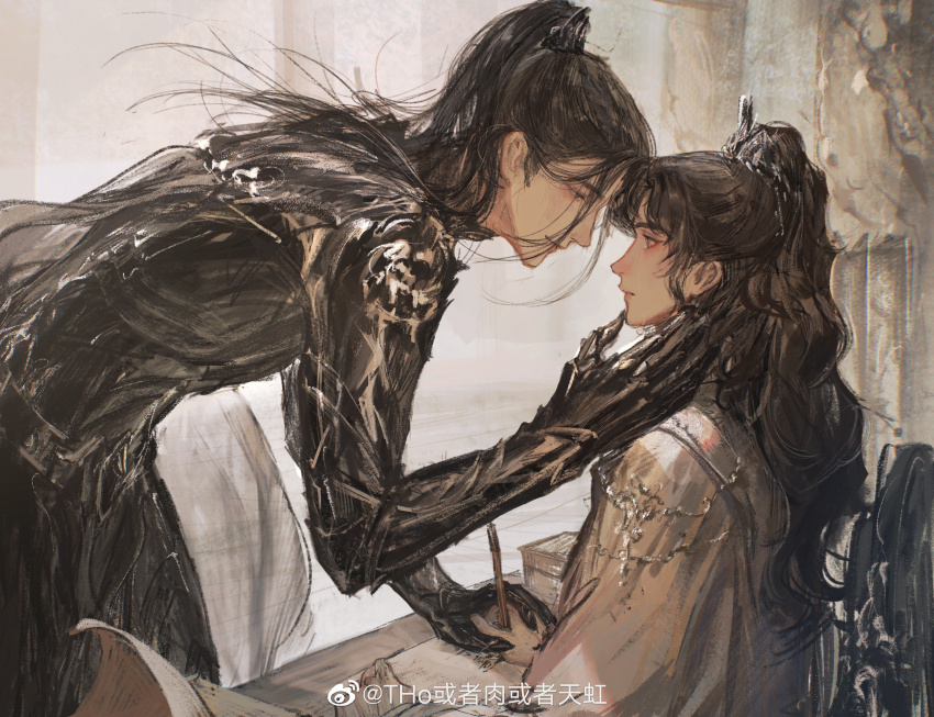 2boys, absurdres, armor, armored_gloves, black_armor, black_eyes, black_hair, brown_eyes