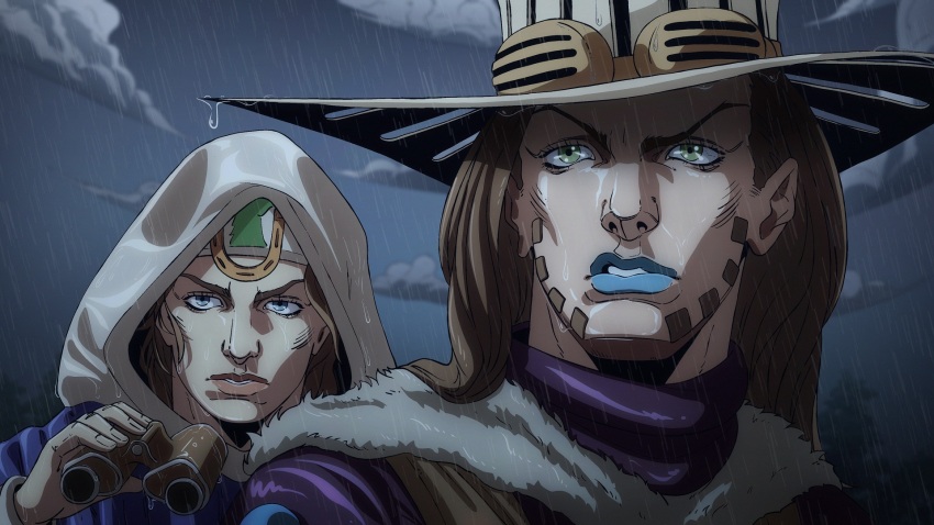 2boys, anime_coloring, araki_hirohiko_(style), beard, binoculars, blue_capelet, blue_eyes, blue_lips, brown_hair, brown_hat, capelet, cowboy_hat, facial_hair, goggles, goggles_on_headwear, green_eyes, gyro_zeppeli, hat, high_collar, highres, holding, holding_binoculars, hood, hood_up, horseshoe_hat_ornament, horseshoe_ornament, johnny_joestar, jojo_no_kimyou_na_bouken, long_hair, multiple_boys, purple_shirt, rain, s0osauge, shirt, steel_ball_run, water_drop, white_hat, white_hood