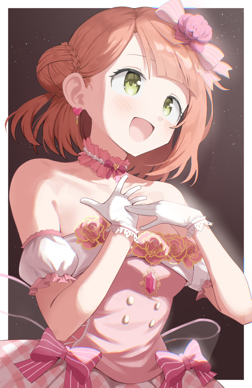 1girl, absurdres, bare_shoulders, blunt_bangs, border, breasts, brown_background, commentary