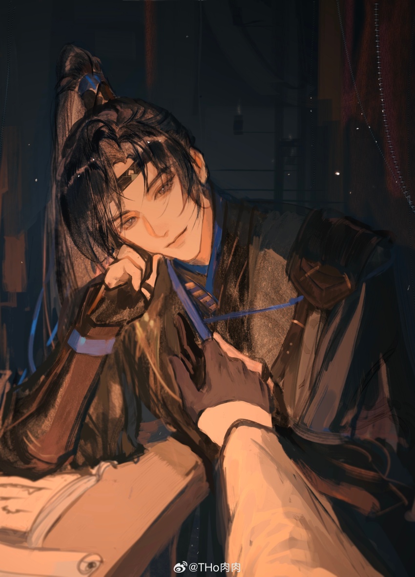 2boys, absurdres, asymmetrical_bangs, belt, black_gloves, black_hanfu, black_headband, blue_ribbon, book, chest_belt, chinese_clothes, closed_mouth, code:_kite, curtained_hair, elbow_on_table, fu_rong_(code:_kite), gloves, grey_eyes, hair_ribbon, half_gloves, hanfu, head_rest, head_tilt, headband, high_ponytail, highres, indoors, long_hair, long_sleeves, looking_at_viewer, male_focus, multiple_boys, open_book, outstretched_arm, parted_bangs, partially_fingerless_gloves, ponytail, pov, ribbon, table, tianhongqwq, upper_body, watermark, weibo_watermark, white_sleeves