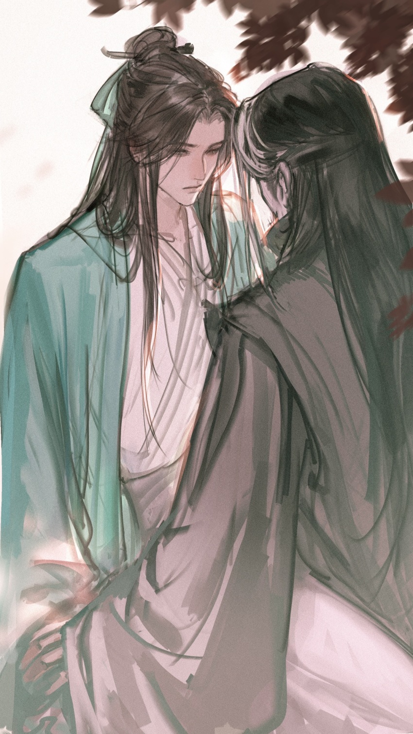 2boys, absurdres, aqua_coat, aqua_ribbon, black_eyes, black_hair, black_hanfu, black_sleeves