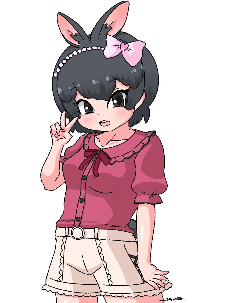 1girl, amami_rabbit_(kemono_friends), animal_ears, black_hair, blush, bow, bowtie, brown_eyes