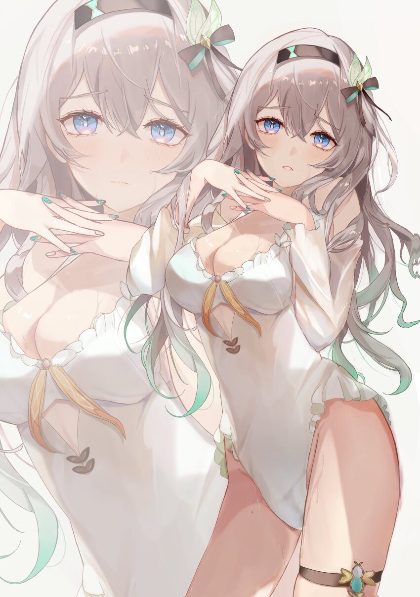 1girl, absurdres, black_hairband, blush, breasts, cleavage, cowboy_shot, detached_sleeves