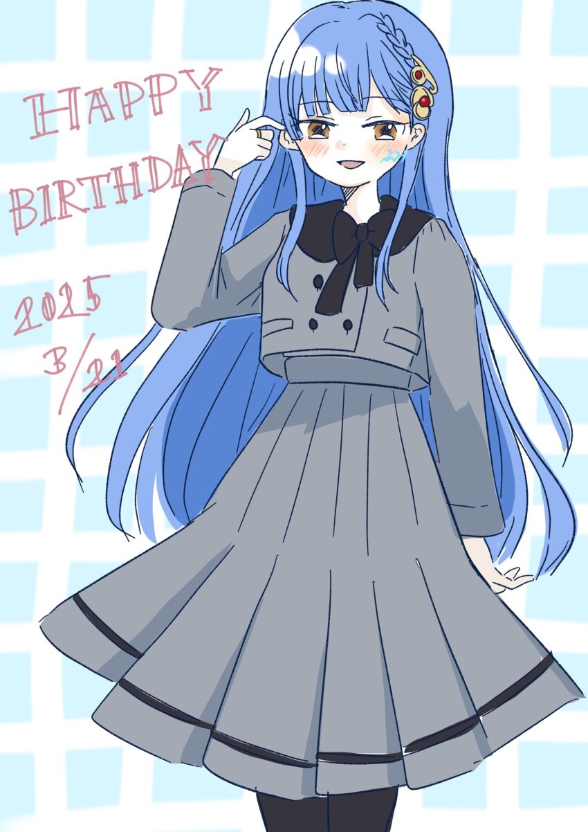 1girl, arm_at_side, artist_name, assault_lily, black_bow, black_bowtie, black_pantyhose, blue_background