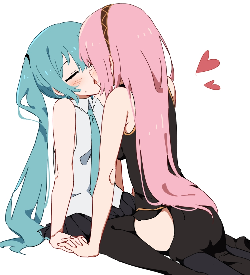 2girls, bare_arms, black_shirt, black_skirt, black_thighhighs, blue_necktie, blush, brown_hairband