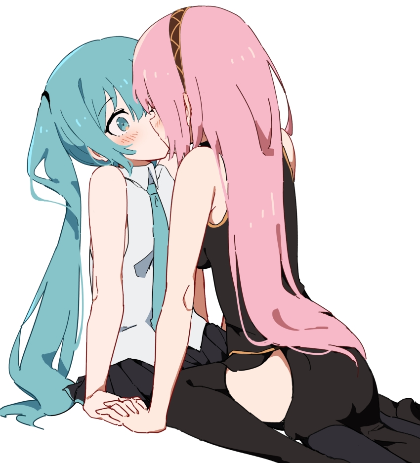 2girls, bare_arms, black_shirt, black_skirt, black_thighhighs, blue_eyes, blue_necktie, blush