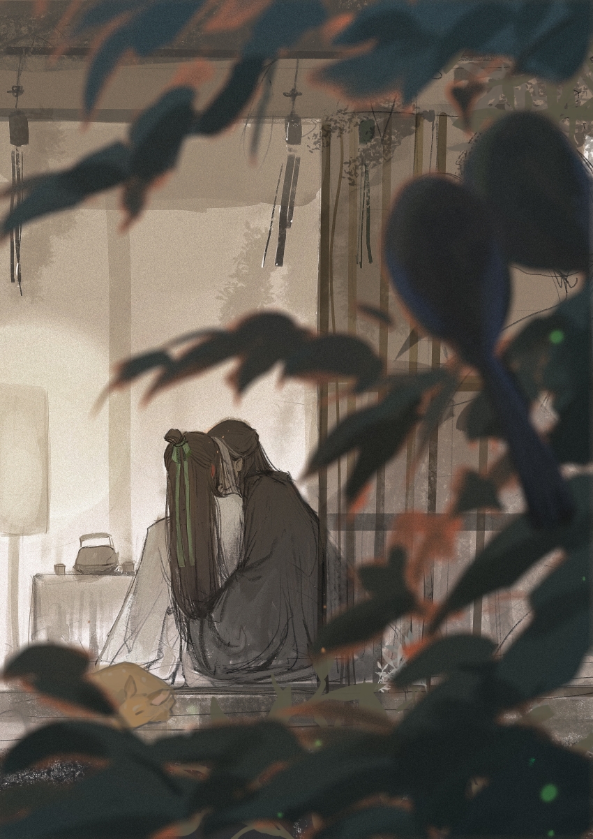 2boys, absurdres, arm_around_another's_waist, black_hair, black_hanfu, black_sleeves, chinese_clothes, deer