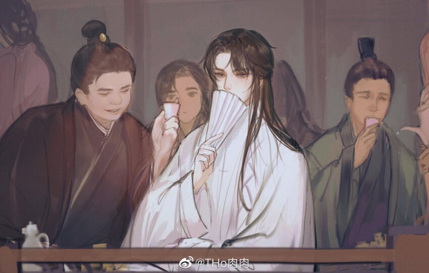 1girl, 5boys, asymmetrical_bangs, black_eyes, black_hair, black_hanfu, brown_coat, chinese_clothes, closed_eyes, closed_mouth, coat, covered_mouth, cup, curtained_hair, fan_over_face, folding_fan, green_coat, hand_fan, hanfu, highres, holding, holding_cup, holding_fan, holding_teapot, indoors, long_hair, long_sidelocks, long_sleeves, looking_ahead, male_focus, multiple_boys, parted_bangs, qiang_jin_jiu, shen_zechuan, sidelocks, sitting, smile, table, teapot, tianhongqwq, upper_body, watermark, weibo_watermark, white_hanfu, white_sleeves, wide_sleeves, xiao_guan_(headdress)