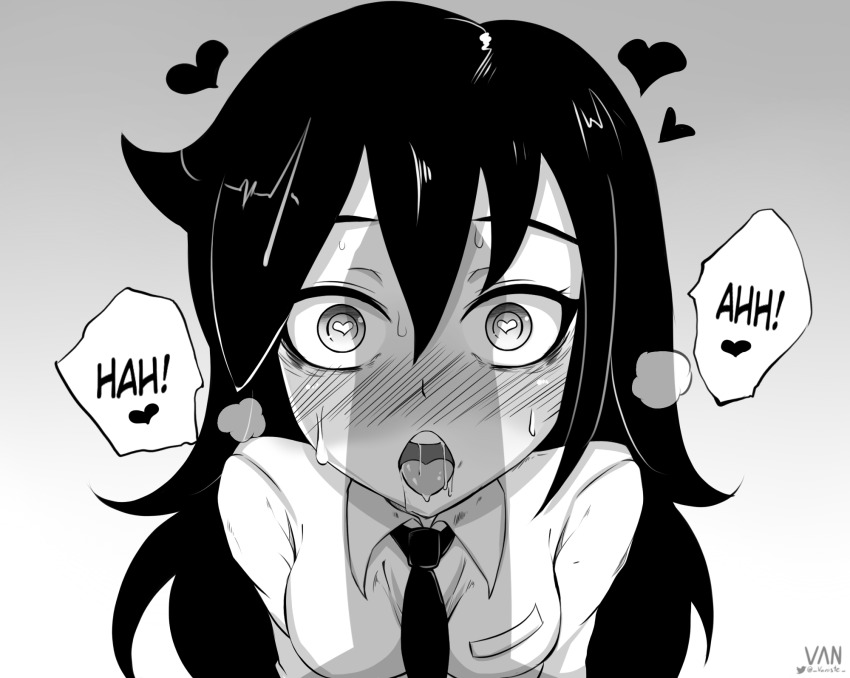 1girl, artist_name, bags_under_eyes, blush, breasts, commentary, drooling, english_commentary, english_text, greyscale, heart, heart-shaped_pupils, heavy_breathing, highres, kuroki_tomoko, long_hair, messy_hair, monochrome, neck, open_mouth, penis_awe, penis_shadow, saliva, school_uniform, signature, small_breasts, solo, speech_bubble, sweat, symbol-shaped_pupils, tongue, tongue_out, twitter_username, upper_body, vaniste, watashi_ga_motenai_no_wa_dou_kangaetemo_omaera_ga_warui!, wide-eyed
