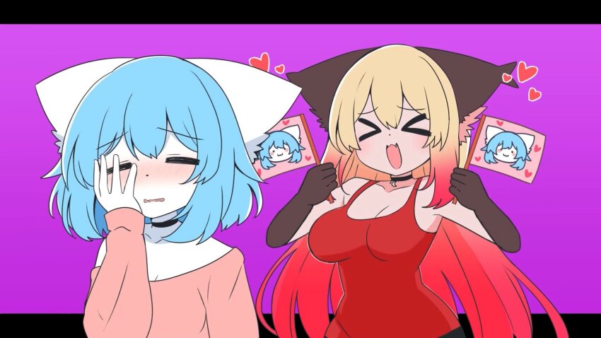 >_<, animal_ear_fluff, animal_ears, blush, bob_cut, breasts, collar, crescent_moon