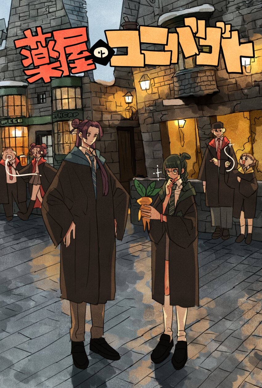 3boys, 3girls, black_robe, blue_necktie, brown_hair, double_bun, gaoshun_(kusuriya_no_hitorigoto), glass