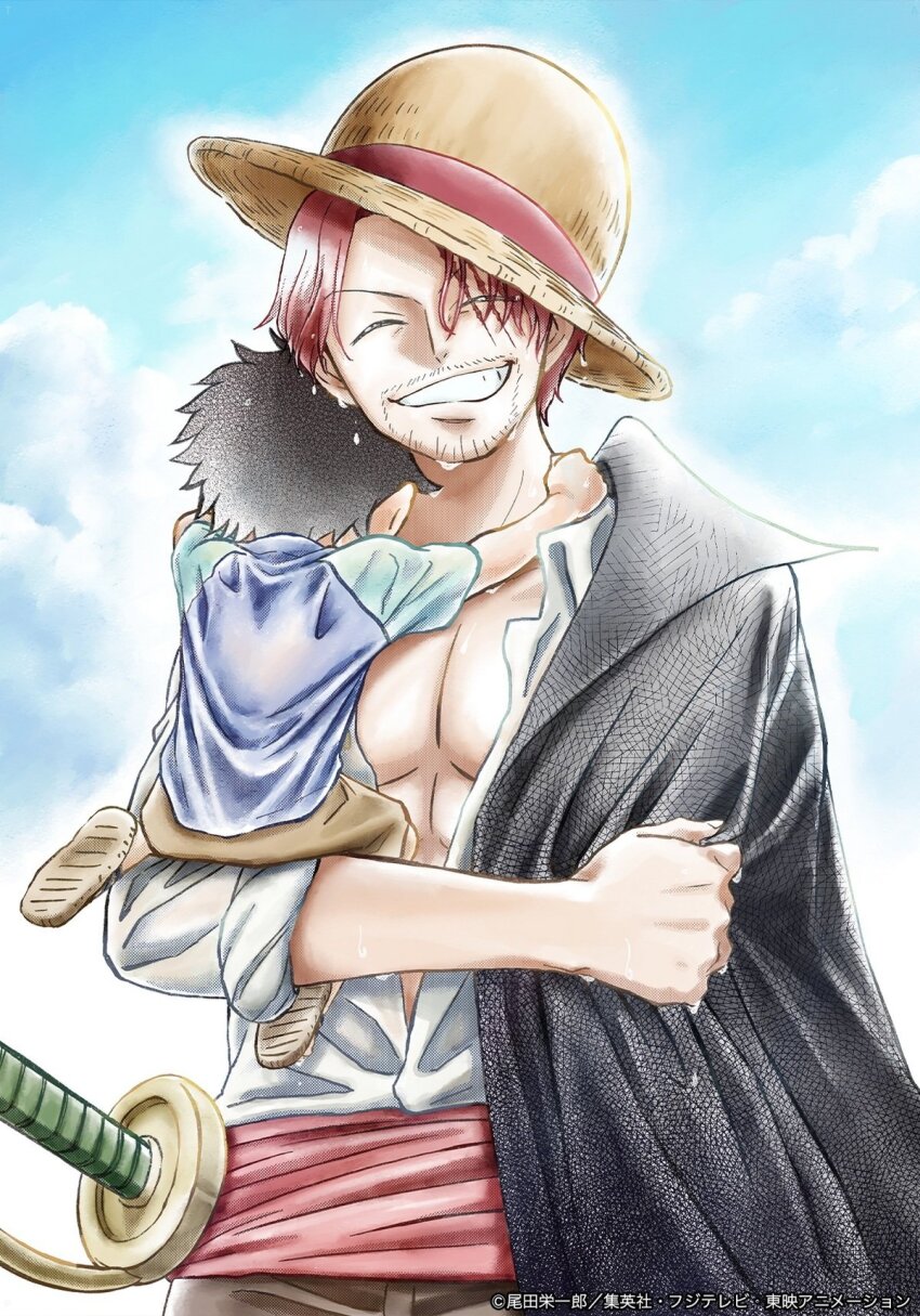 2boys, ^_^, aged_down, beard_stubble, black_cape, black_hair, blue_sky, cape