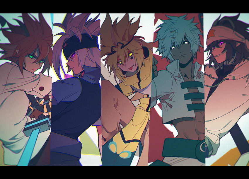 5boys, anmicius, aotu_world, aqua_eyes, belt, black_hair, black_sclera, blonde_hair