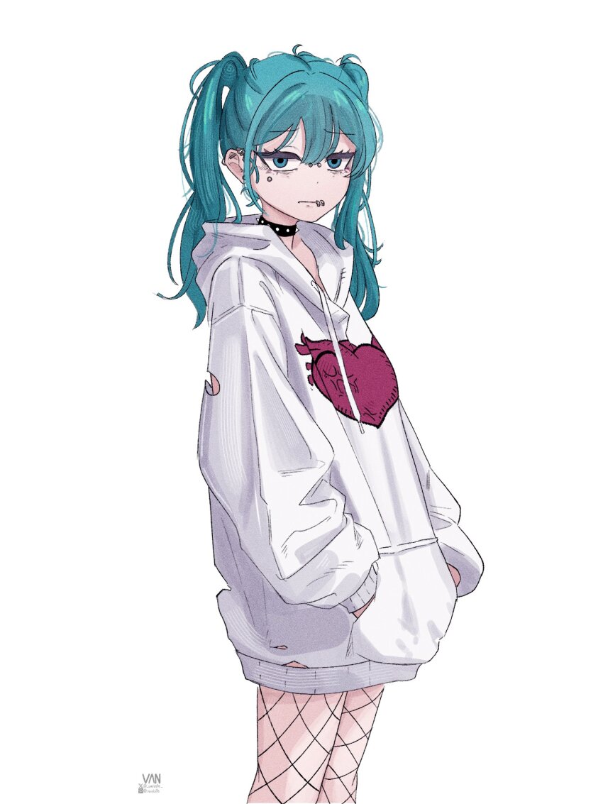 1girl, aqua_eyes, aqua_hair, barbell_piercing, black_collar, cheek_piercing, collar, commentary