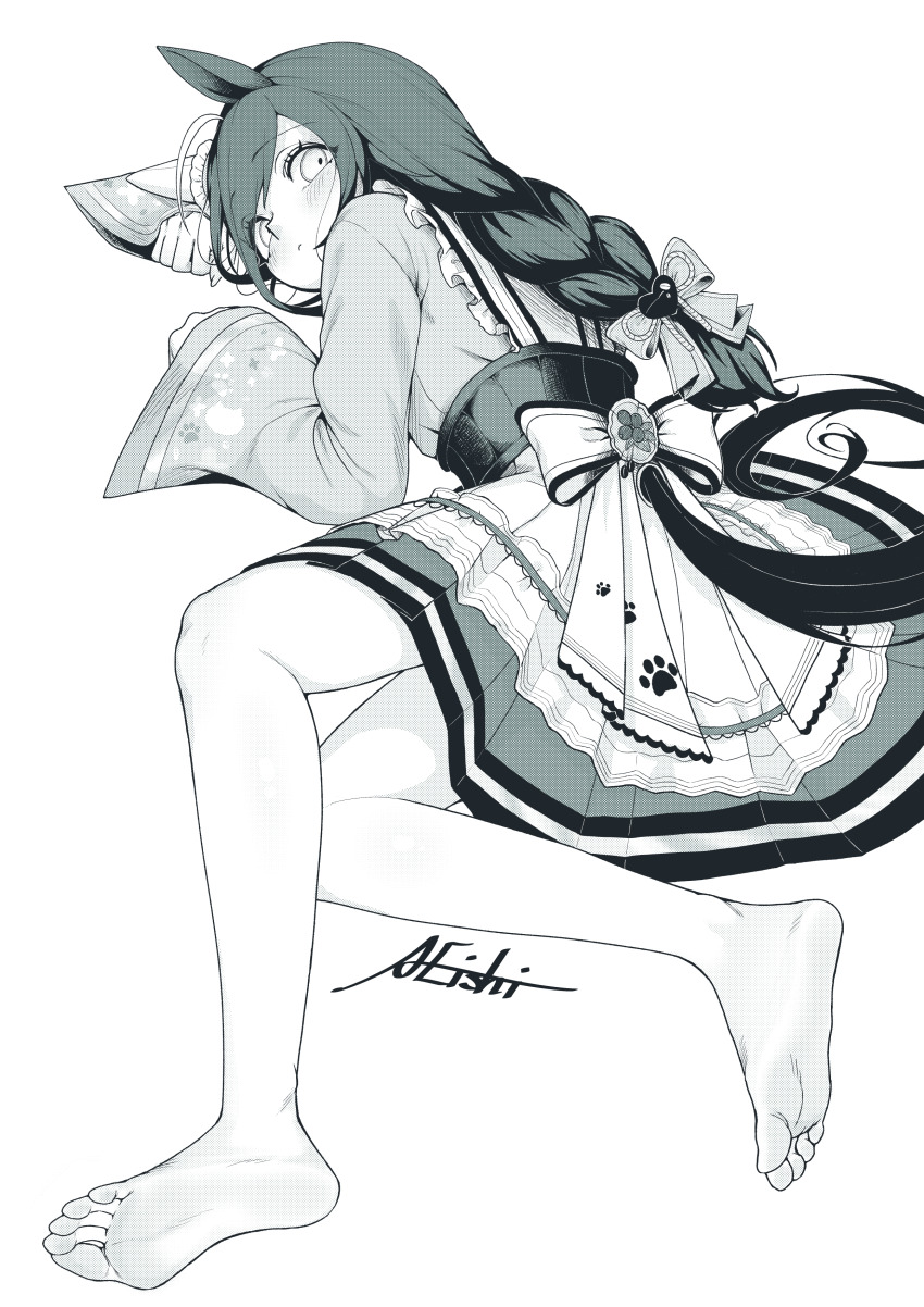 1girl, a4_(a4_eishi), absurdres, ahoge, animal_ears, back_bow, barefoot, blush, bow, braid, closed_mouth, commentary_request, dress, ear_covers, feet, full_body, hair_bow, highres, horse_ears, horse_girl, horse_tail, long_hair, long_sleeves, lying, manhattan_cafe_(umamusume), manhattan_cafe_(verdant_night)_(umamusume), monochrome, multicolored_hair, paw_print, paw_print_pattern, signature, simple_background, single_ear_cover, soles, solo, streaked_hair, tail, toes, umamusume, white_background