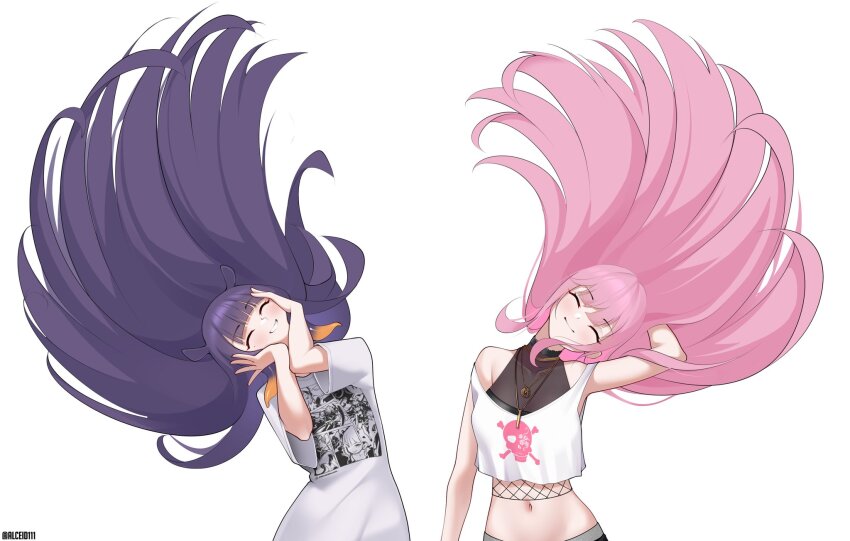 2girls, alceid, blush, closed_eyes, hand_in_own_hair, hands_on_own_cheeks, hands_on_own_face, highres