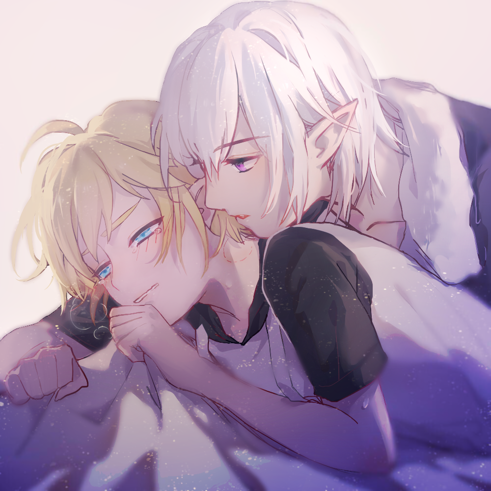 2boys, ahoge, aotu_world, bishounen, biting, blonde_hair, blue_eyes, blush