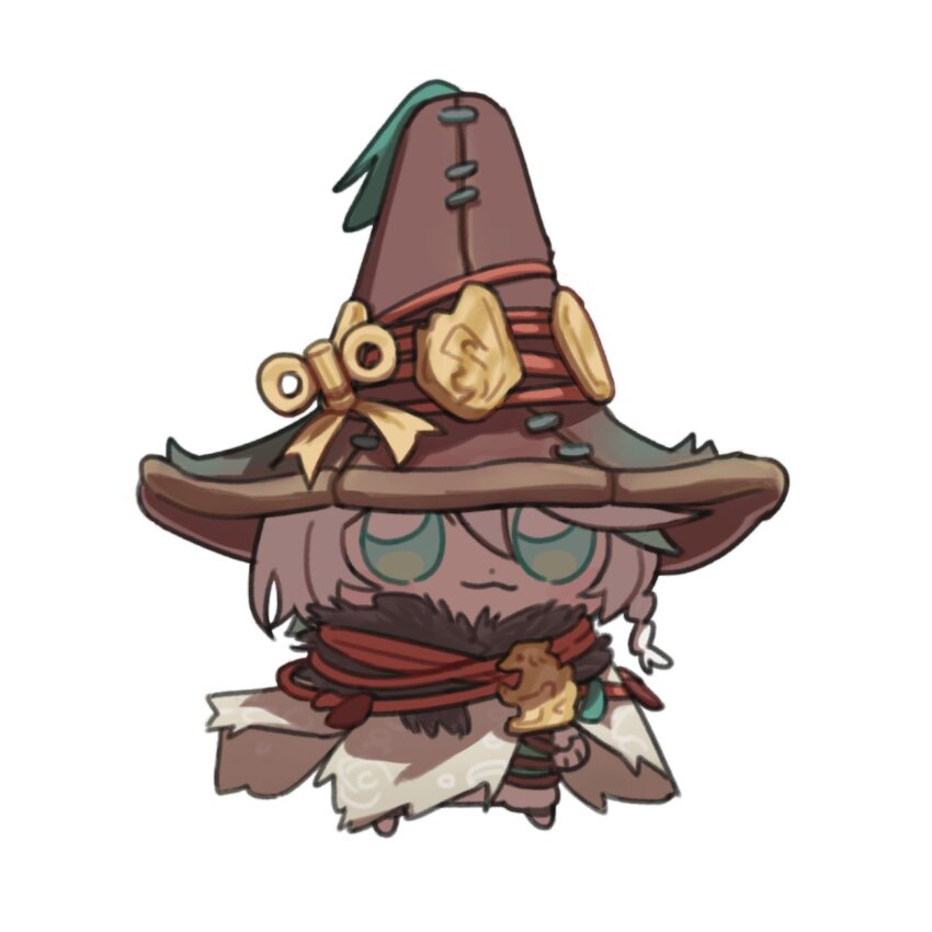 1girl, :3, brown_hat, cape, cecilia_immergreen, chibi, chibi_only, commentary, cosplay, english_commentary, fur_collar, green_eyes, green_hair, hat, highres, hololive, hololive_english, isarobn, monster_hunter_(series), monster_hunter_wilds, multicolored_hair, rove_(monster_hunter_wilds), rove_(monster_hunter_wilds)_(cosplay), simple_background, solo, two-tone_hair, virtual_youtuber, white_background, white_hair, winding_key, witch_hat