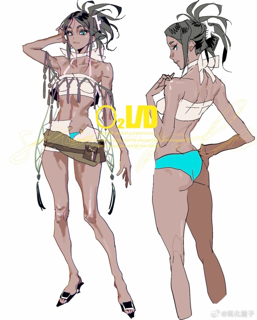 1girl, black_hair, blue_eyes, dark_skin, full_body, high_ponytail, highres, original