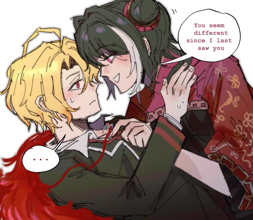 2girls, absurdres, ahoge, black_coat, black_hair, blonde_hair, blush, china_dress