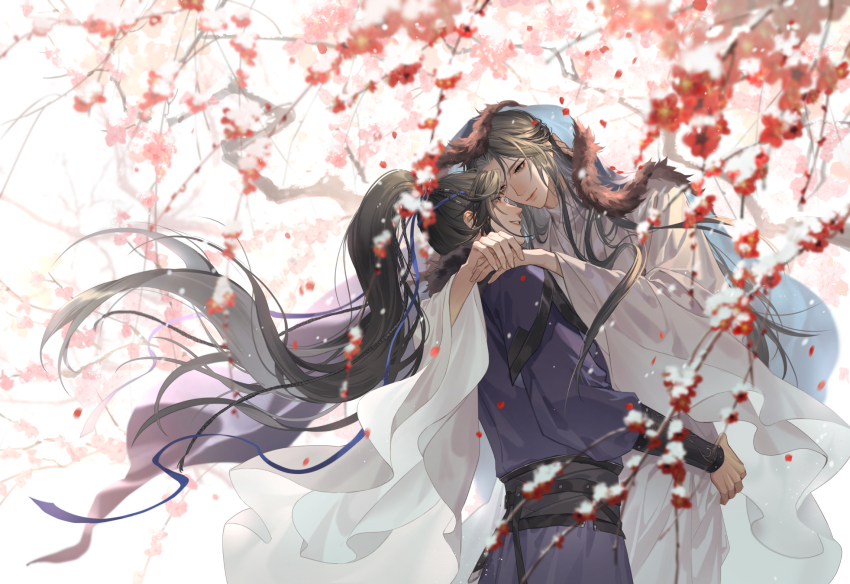 2boys, arms_around_neck, black_hair, black_sash, blue_cloak, blue_hanfu, blue_headband, blue_ribbon