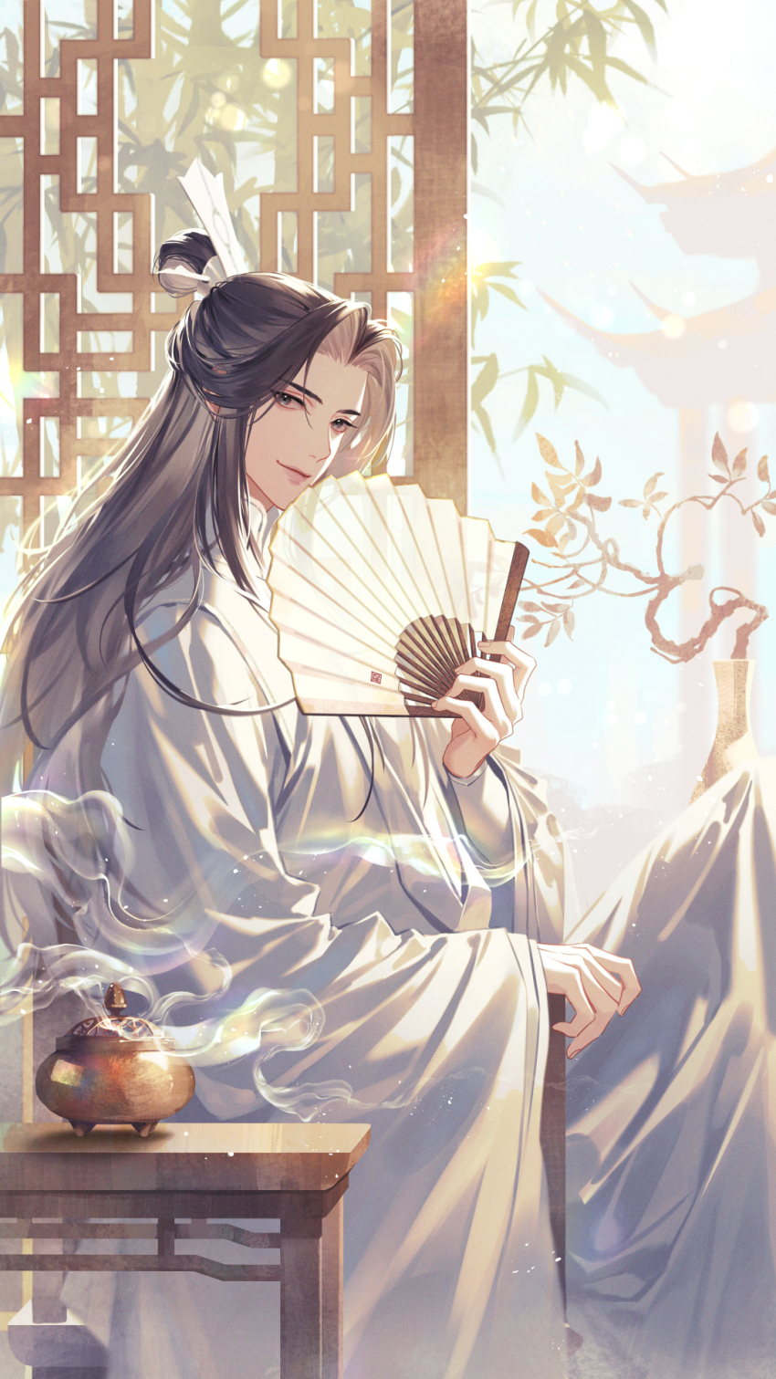 1boy, architecture, bamboo, brown_hair, building, chinese_clothes, chinese_commentary, closed_mouth