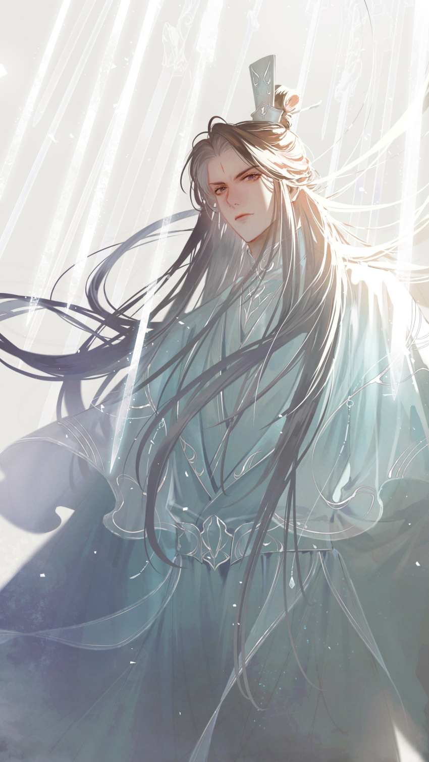 1boy, brown_hair, chinese_clothes, chinese_commentary, closed_mouth, cowboy_shot, enedloss, floating, floating_object, floating_sword, floating_weapon, frown, furrowed_brow, glowing, glowing_sword, glowing_weapon, grey_eyes, hair_bun, hanfu, highres, huadian, liu_yao, long_hair, long_sleeves, looking_at_viewer, male_focus, sash, serious, single_hair_bun, solo, sword, weapon, white_hanfu, white_sash, wide_sleeves, xiao_guan_(headdress), yan_zhengming