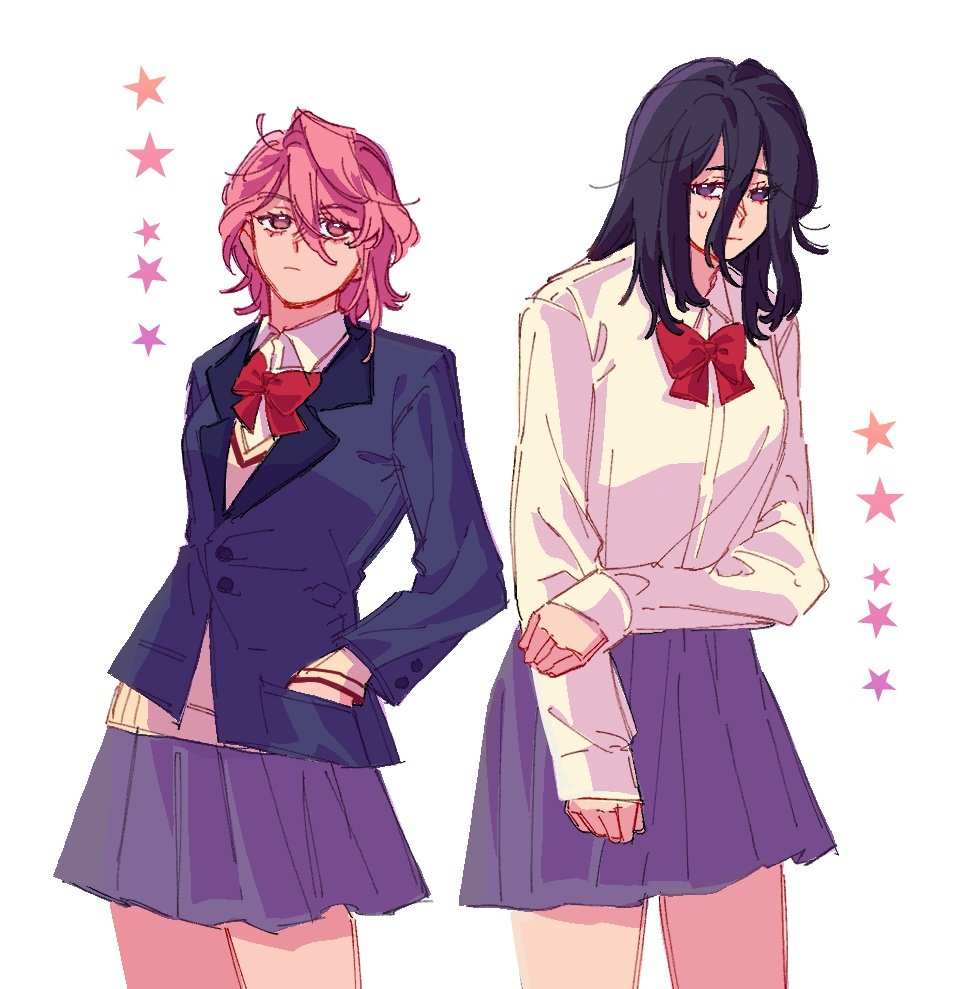 2girls, arm_behind_back, black_hair, blue_jacket, blue_skirt, bow, bowtie, closed_mouth