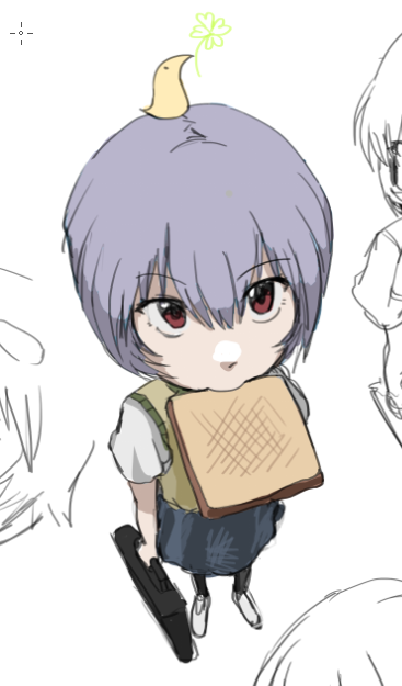 1girl, animal, animal_on_head, ayanami_rei, bag, bird, bird_on_head, black_socks, blue_hair, blue_skirt, blush, bread, bread_slice, briefcase, brown_vest, chibi, clover, commentary, english_commentary, food, food_in_mouth, four-leaf_clover, from_above, from_side, full_body, grey_skirt, hand_up, holding, holding_bag, lina_rei, mouth_hold, necktie, neon_genesis_evangelion, nvi2762, on_head, red_eyes, red_necktie, school_briefcase, school_uniform, shirt, short_hair, short_sleeves, simple_background, skirt, socks, solo, sweater_vest, toast, toast_in_mouth, tokyo-3_middle_school_uniform, vest, white_background, white_shirt, wing_collar, yellow_sweater_vest
