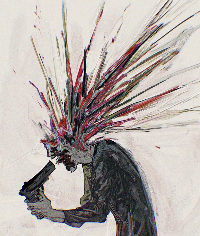 1boy, abstract, alternate_body_fluid, black_coat, blood, coat, gun, gun_to_head, headshot, highres, holding, holding_gun, holding_weapon, male_focus, original, revol4357, simple_background, suicide, upper_body, weapon