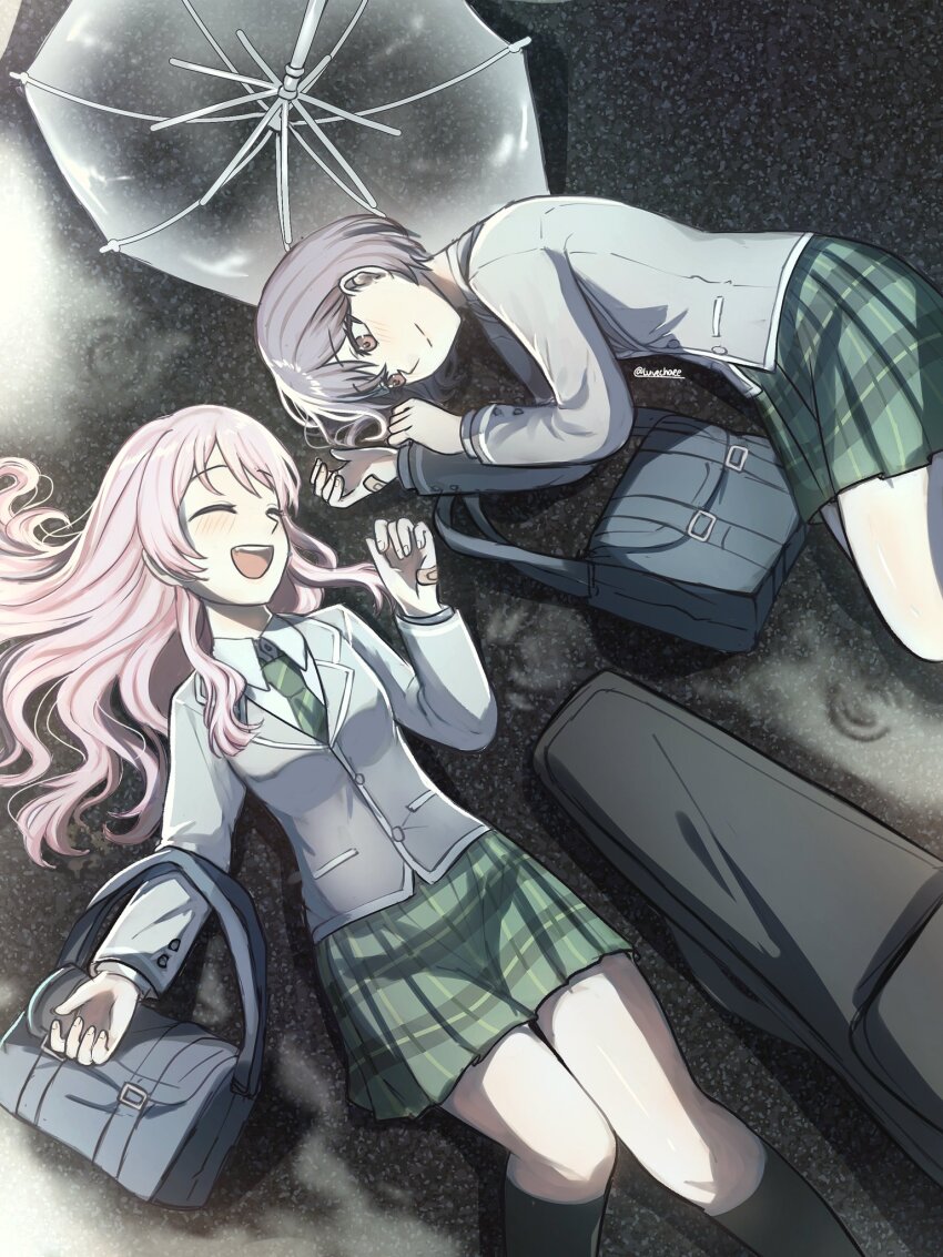 2girls, :d, bag, bang_dream!, bang_dream!_it's_mygo!!!!!, blazer, blue_bag, brown_eyes