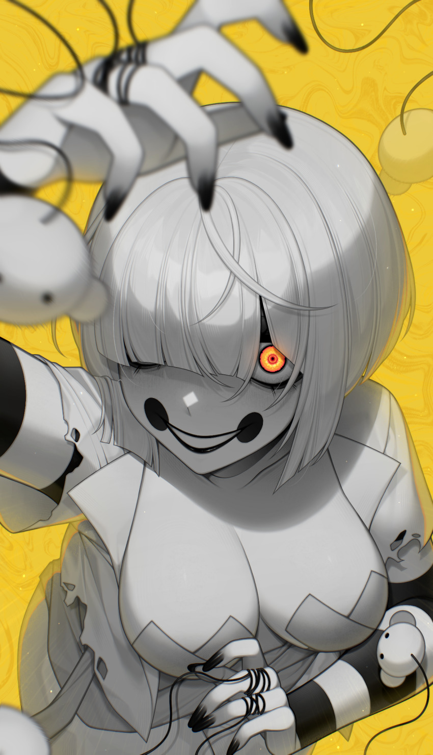 1girl, bandaid, bandaids_on_nipples, black_nails, blurry, blurry_foreground, bob_cut, breasts