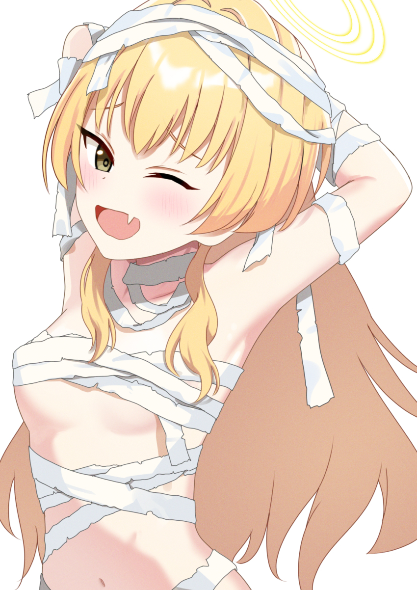 1girl, ;d, armpits, bandages, blonde_hair, blue_archive, blush, breasts