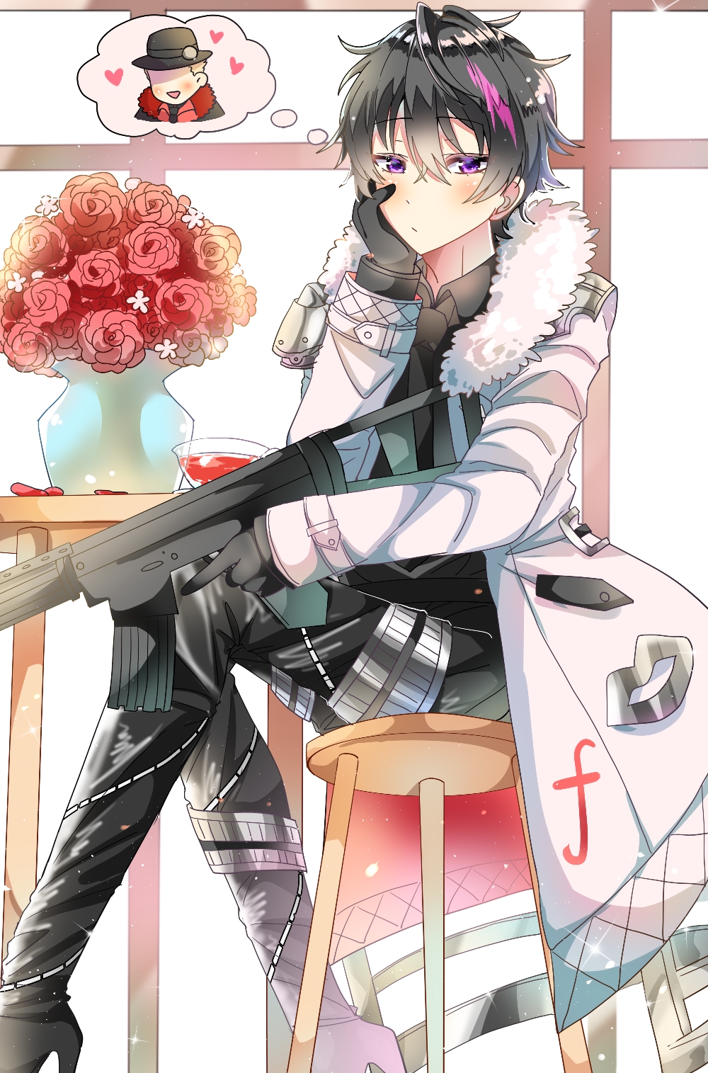 1boy, alcohol, antenna_hair, assault_rifle, belt, belt_buckle, black_gloves, black_hair