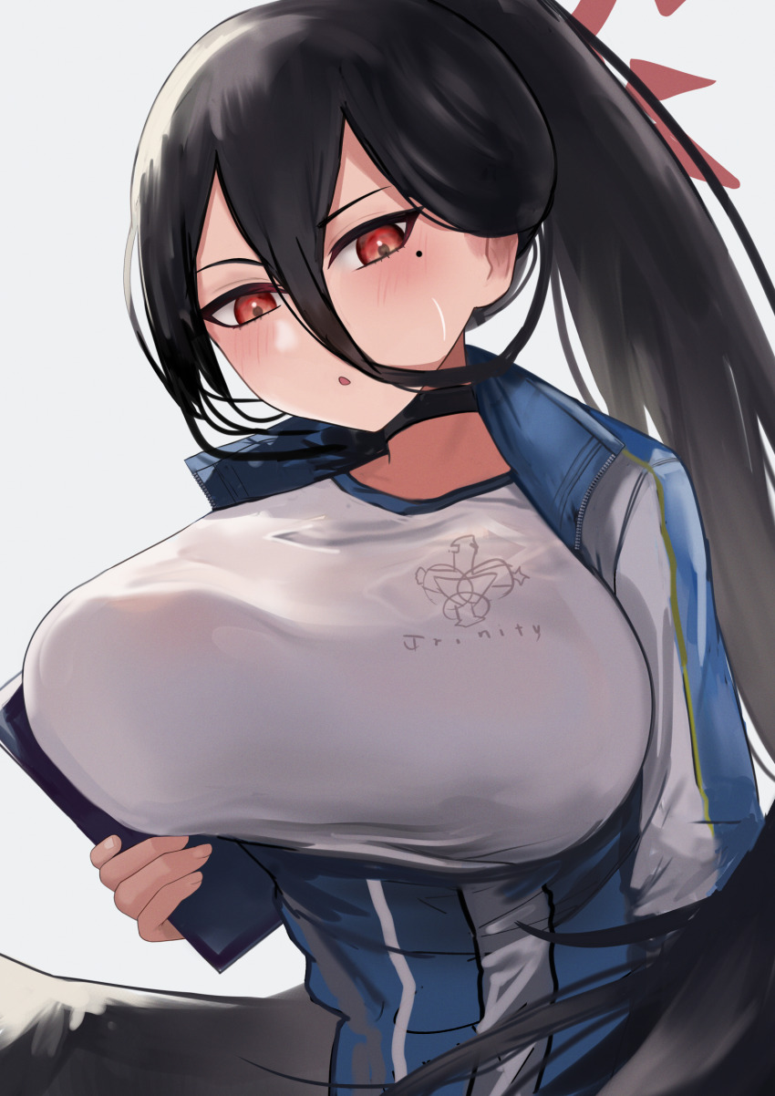 1girl, black_choker, black_hair, blue_archive, blue_jacket, blush, breasts, choker