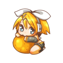 1girl, black_shorts, black_sleeves, blonde_hair, blue_eyes, bow, chibi, chibi_only, commentary_request, detached_sleeves, food, fruit, gold_trim, hair_bow, hair_ornament, hairclip, headphones, kagamine_rin, knee_blush, lowres, mandarin_orange, ponpanpen, short_hair, shorts, simple_background, solo, vocaloid, white_background, white_bow