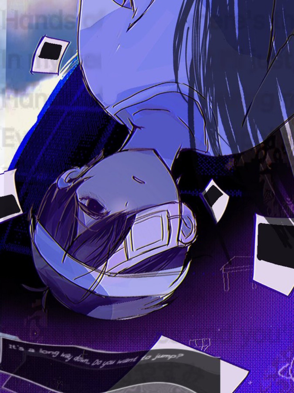 1boy, antenna_hair, bandage_over_one_eye, bandaged_head, bandages, black_eyes, black_hair, blue_sky